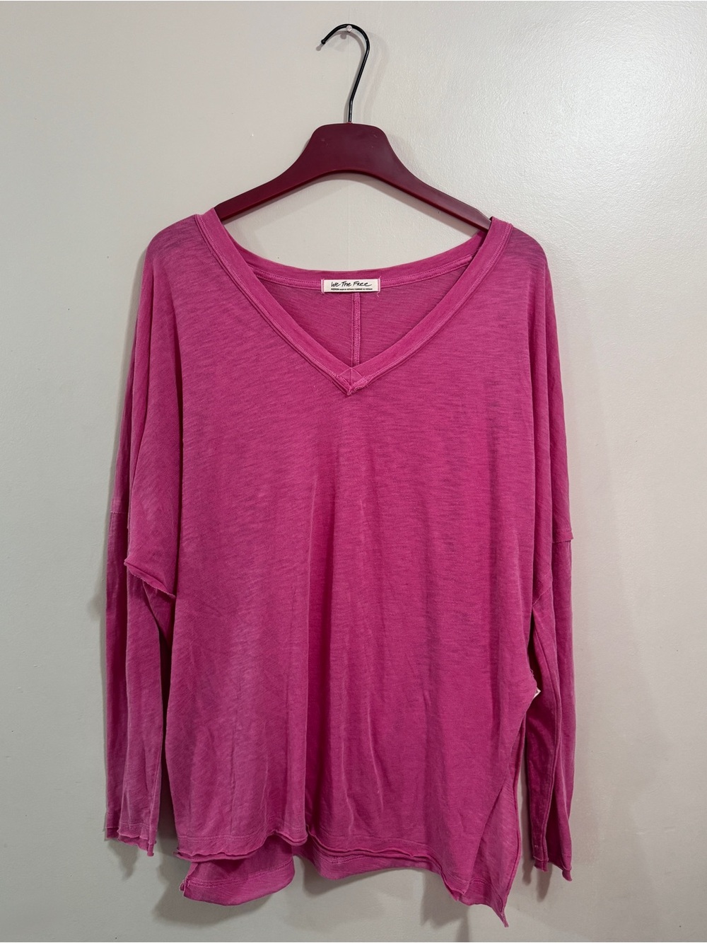 We The Free Pink V Neck Long Sleeve Tee Boho Oversized M